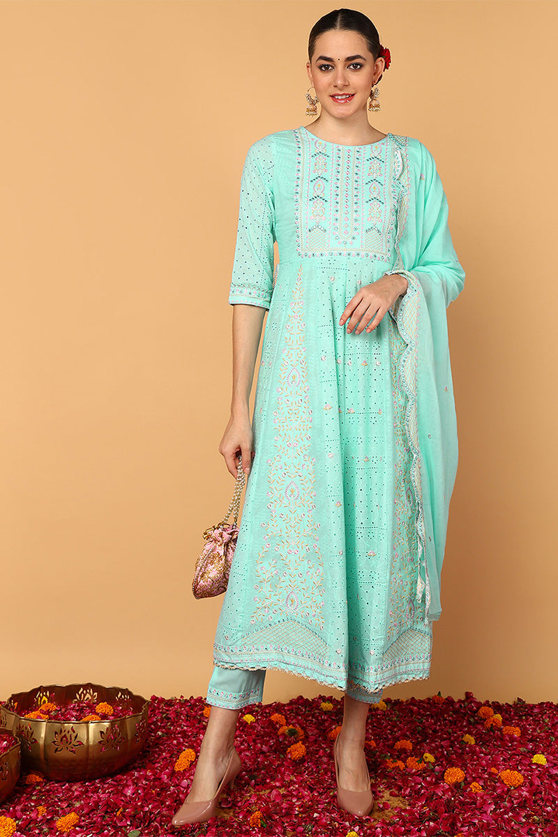Blue Pure Cotton Solid Embroidered Flared Suit Set VKSKD2117
