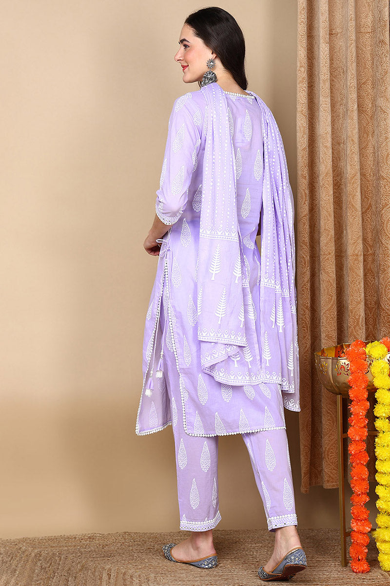 Lavender Pure Cotton Ethnic Motifs Printed Straight Suit Set VKSKD2120