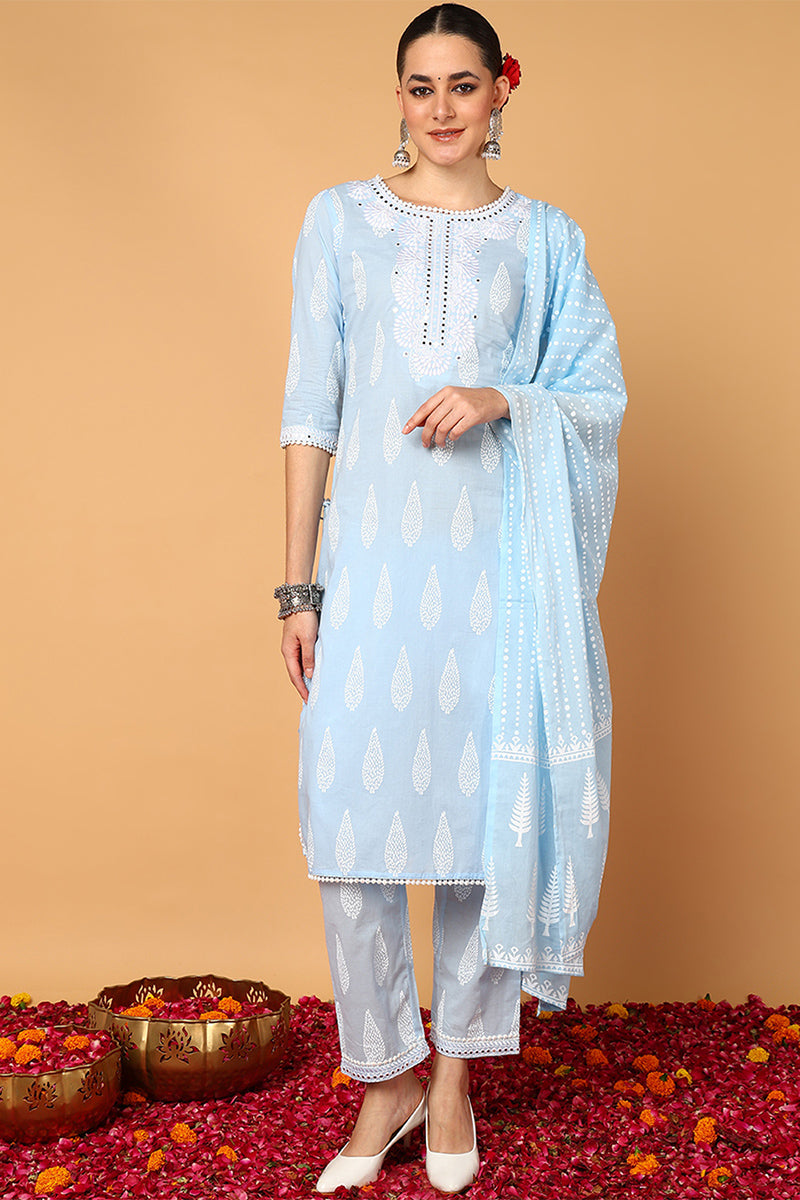 Blue Pure Cotton Ethnic Motifs Printed Straight Style Suit Set VKSKD2121