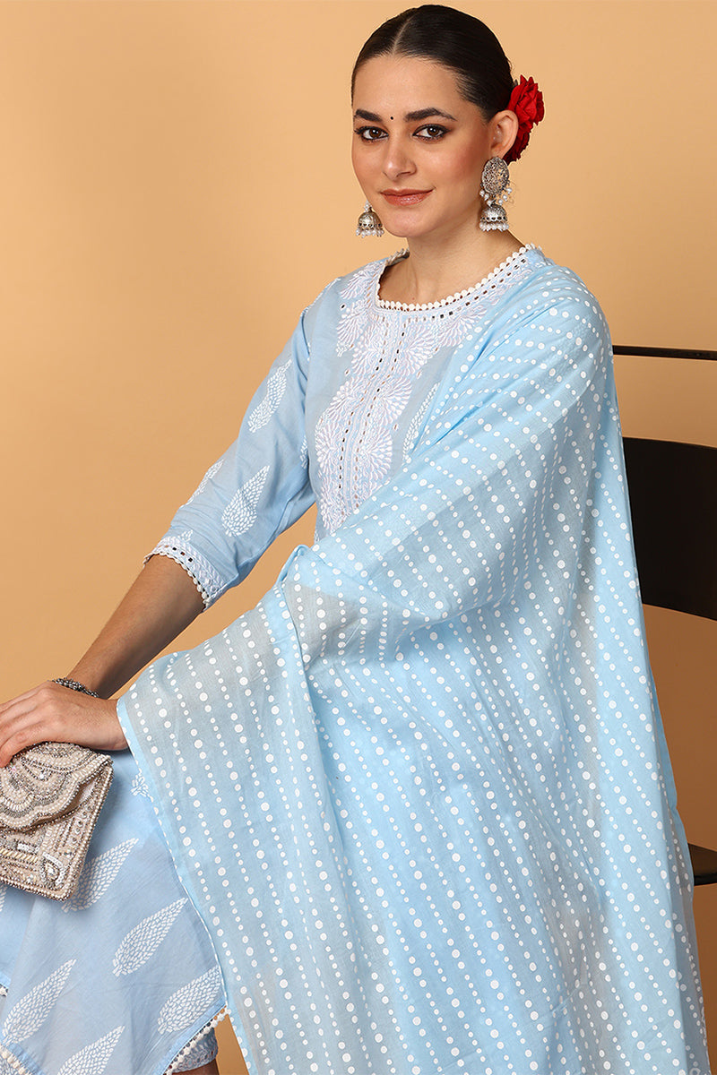 Blue Pure Cotton Ethnic Motifs Printed Straight Style Suit Set VKSKD2121