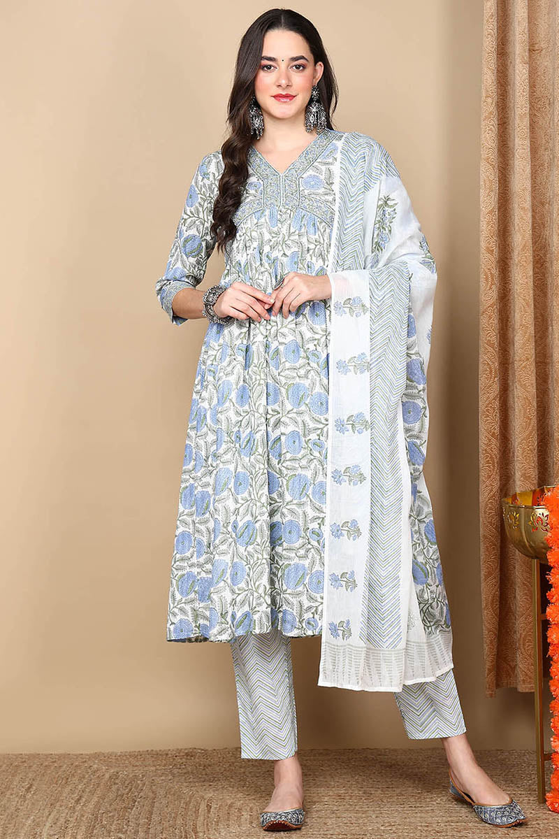 White Pure Cotton Floral Printed Flared Suit Set VKSKD2122