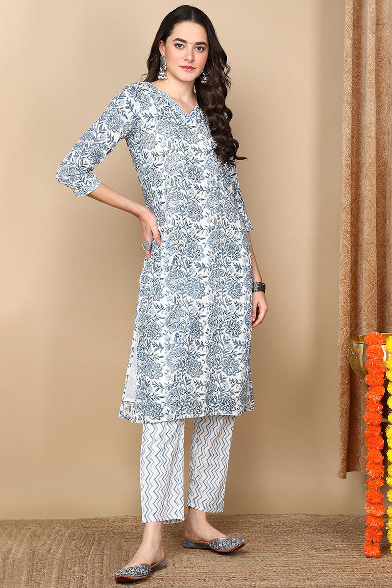 White Pure Cotton Floral Printed Flared Style Suit Set VKSKD2123
