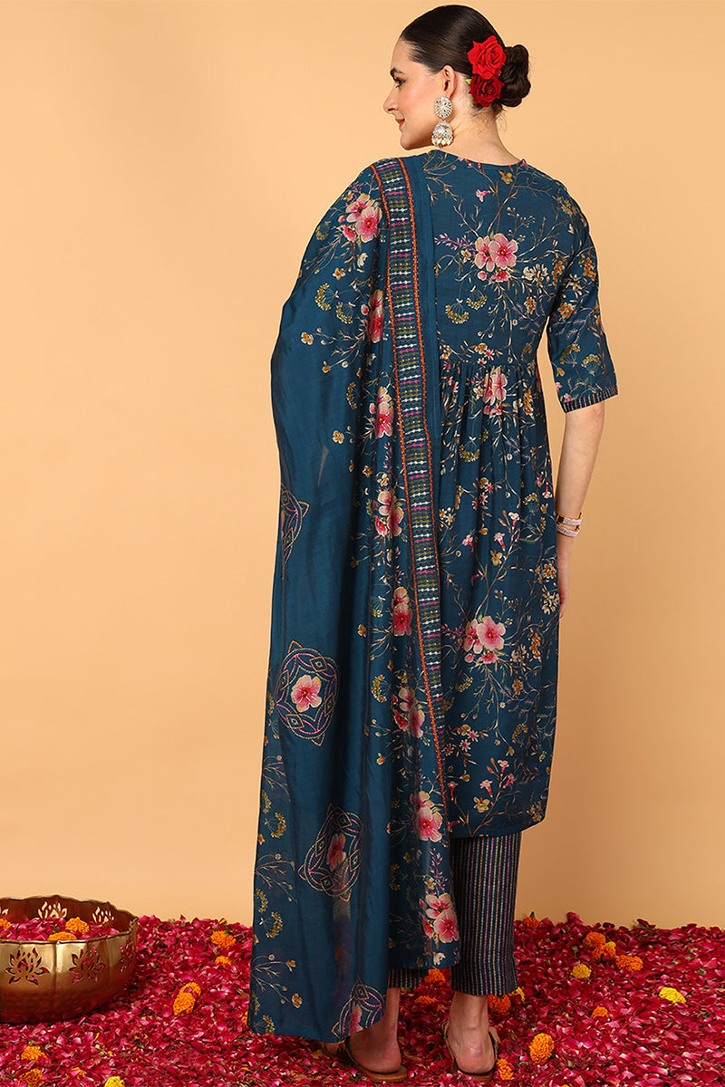 Blue Poly Chanderi Floral Printed Flared Suit Set VKSKD2124