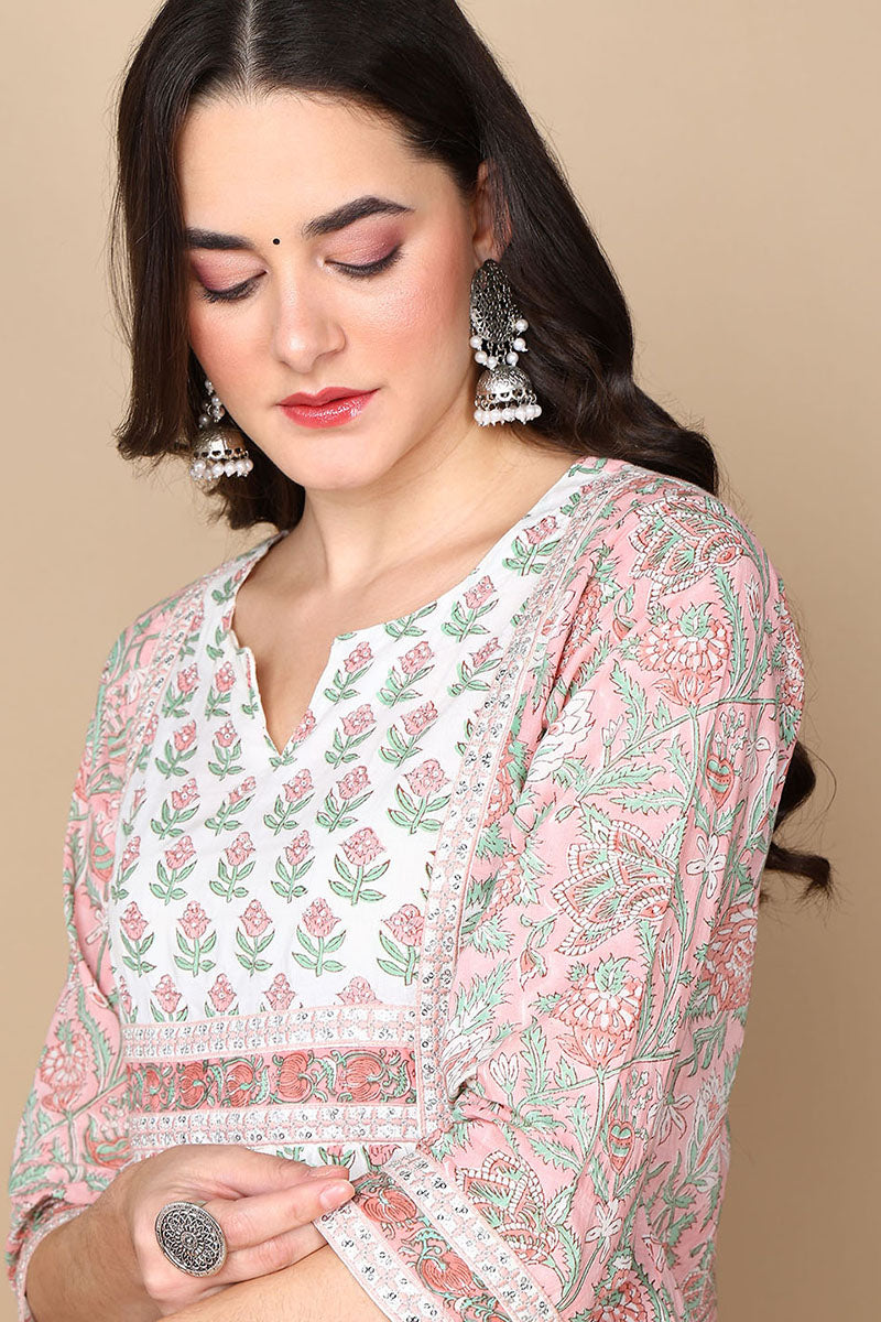 White Pure Cotton Ethnic Motifs Printed Flared Style Suit Set VKSKD2126
