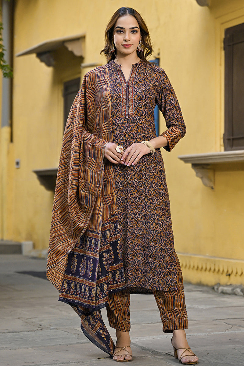 Navy Blue Rayon Blend Ethnic Motifs Printed Straight Suit Set VKSKD2128A
