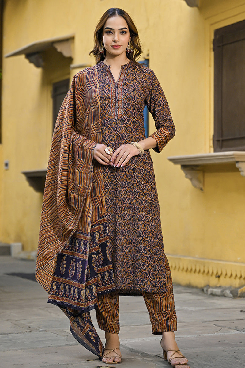 Navy Blue Rayon Blend Ethnic Motifs Printed Straight Suit Set VKSKD2128A