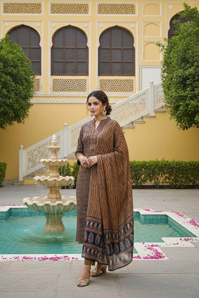 Navy Blue Rayon Blend Ethnic Motifs Printed Straight Suit Set VKSKD2128A