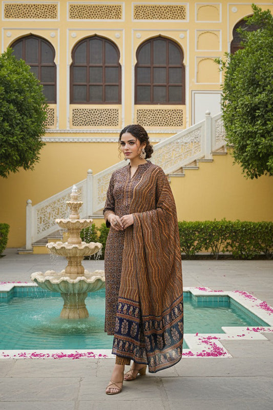 Navy Blue Rayon Blend Ethnic Motifs Printed Straight Suit Set VKSKD2128A