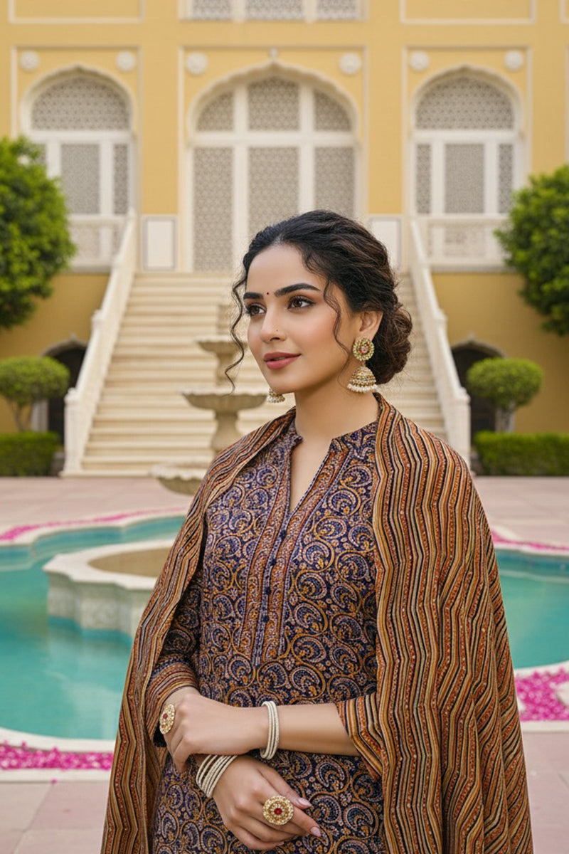 Navy Blue Rayon Blend Ethnic Motifs Printed Straight Suit Set VKSKD2128A