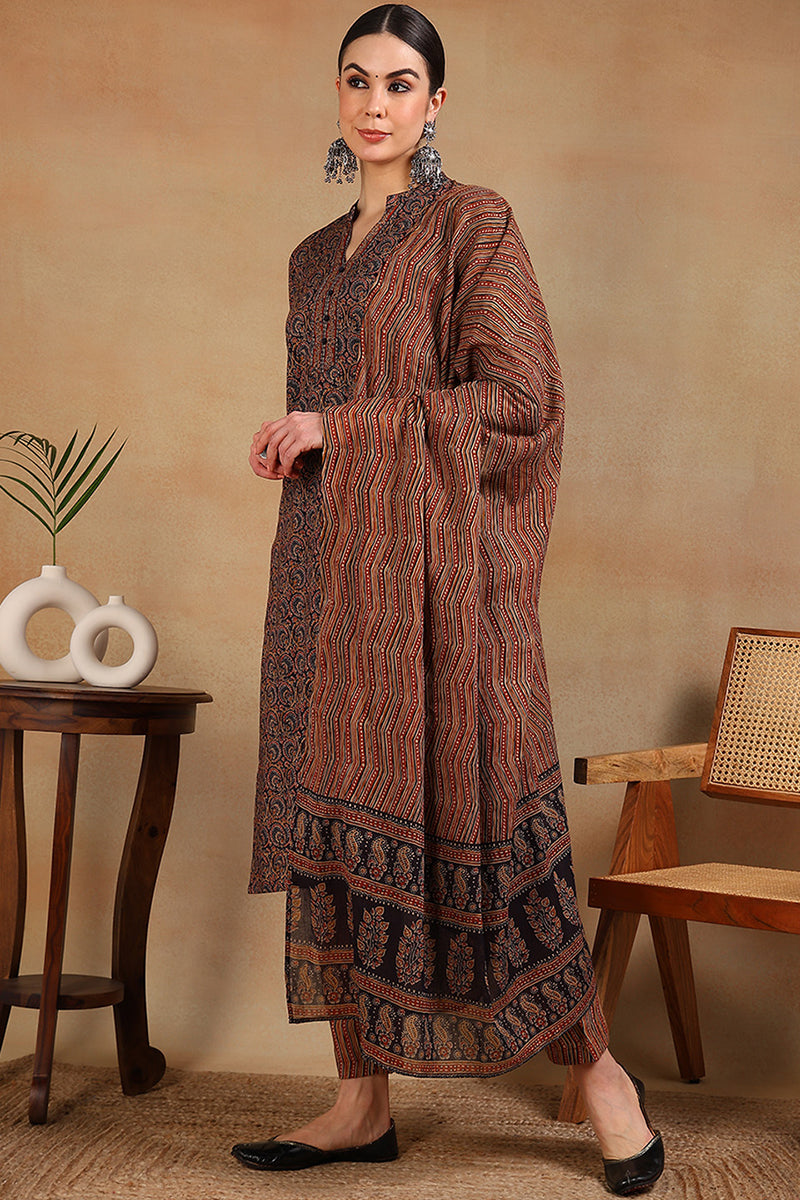 Navy Blue Rayon Blend Ethnic Motifs Printed Straight Suit Set VKSKD2128A