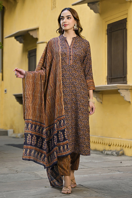 Navy Blue Rayon Blend Ethnic Motifs Printed Straight Suit Set VKSKD2128A