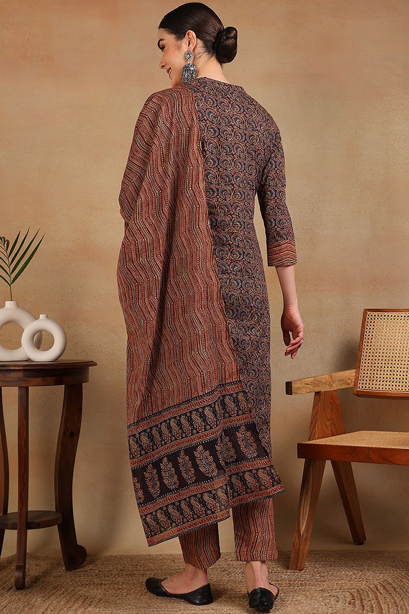 Navy Blue Rayon Blend Ethnic Motifs Printed Straight Suit Set VKSKD2128A