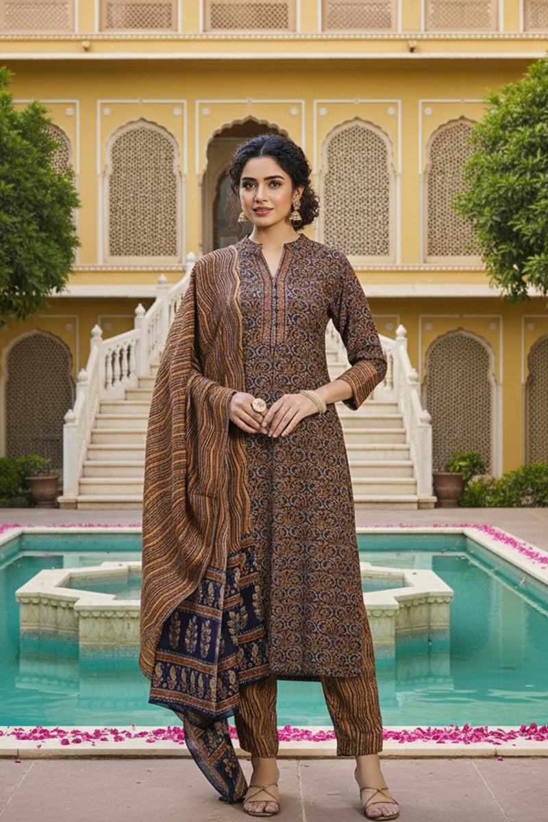 Navy Blue Rayon Blend Ethnic Motifs Printed Straight Suit Set VKSKD2128A