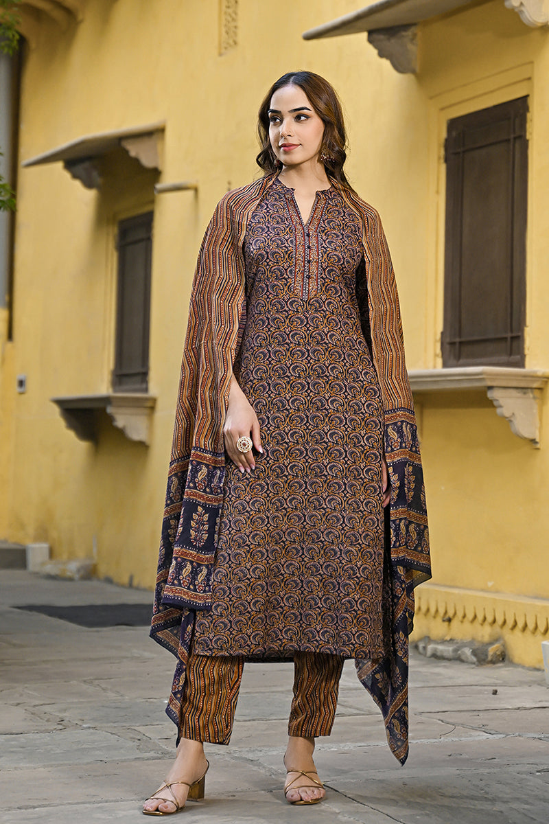 Navy Blue Rayon Blend Ethnic Motifs Printed Straight Suit Set VKSKD2128A