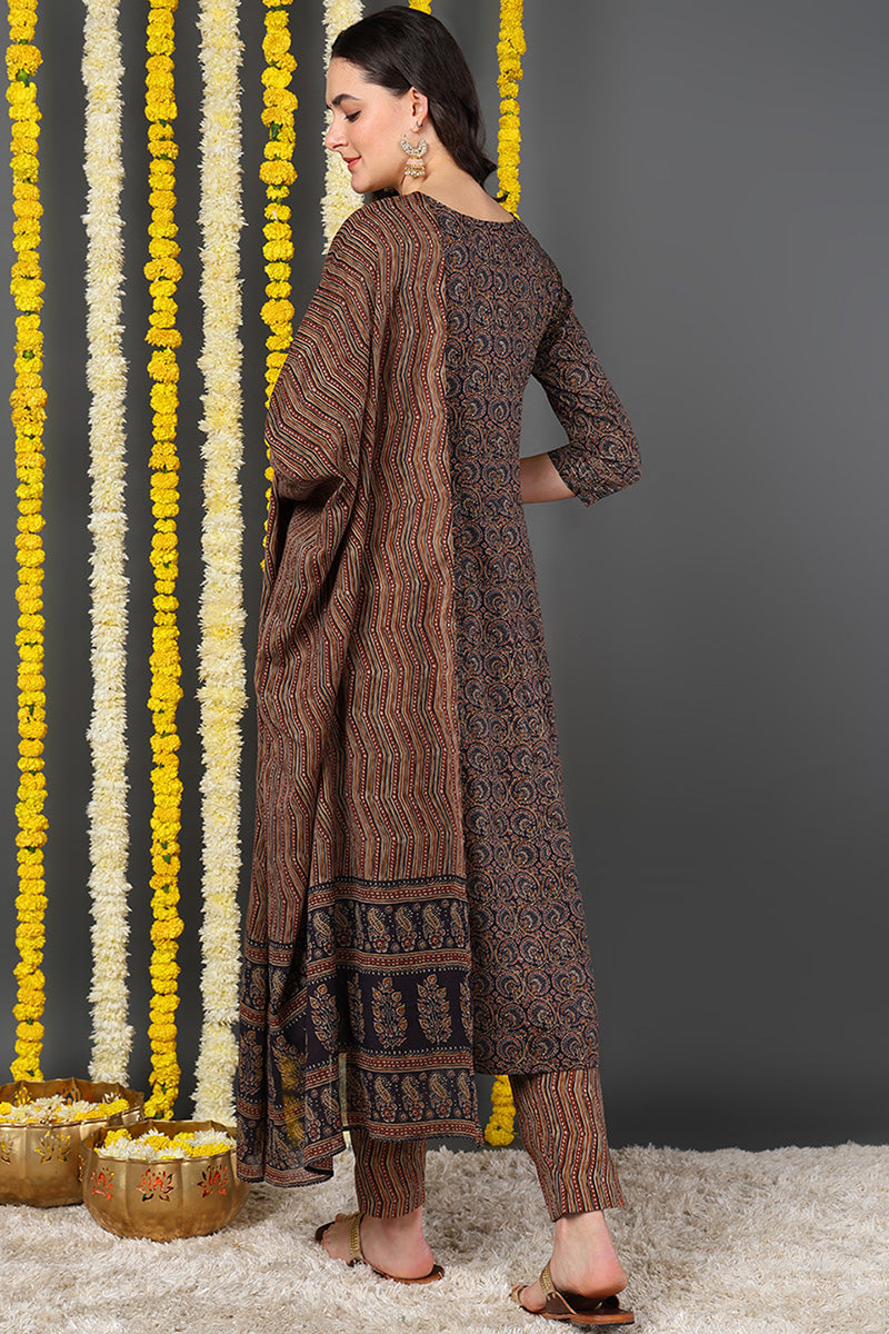 Violet Cotton Ethnic Motifs Printed A-Line Suit Set VKSKD2131