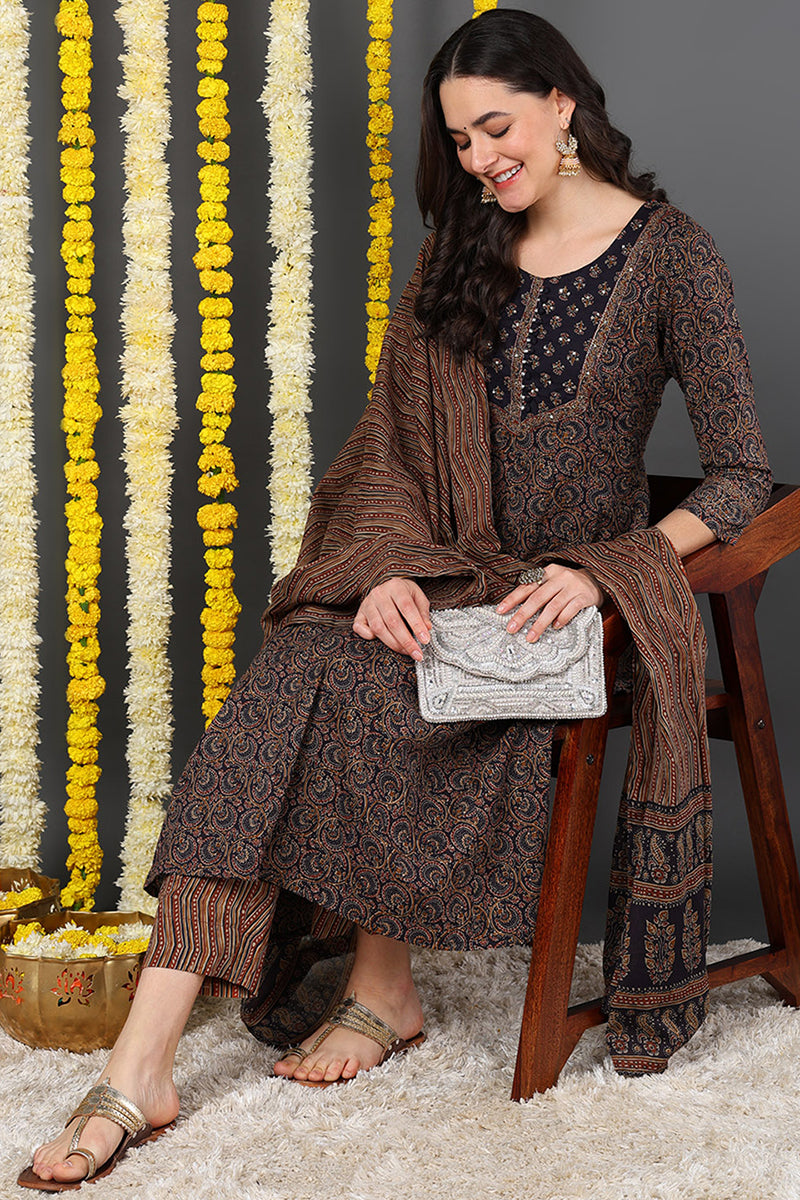 Violet Cotton Ethnic Motifs Printed A-Line Suit Set VKSKD2131