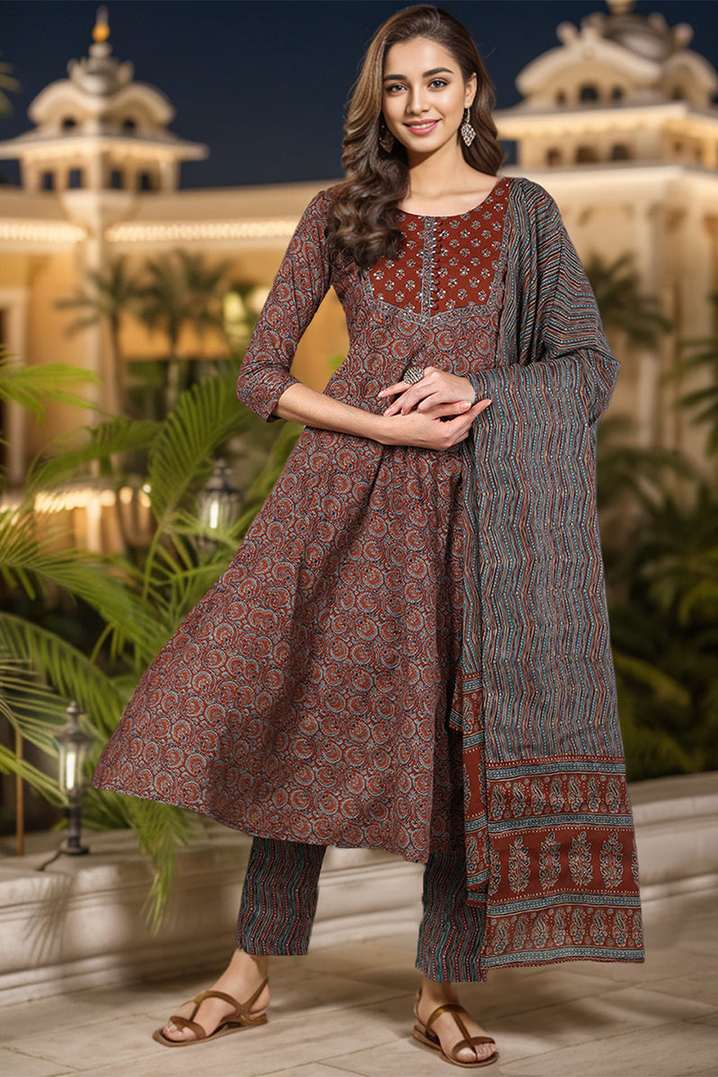 Maroon Cotton Ethnic Motifs Printed A-Line Suit Set VKSKD2132