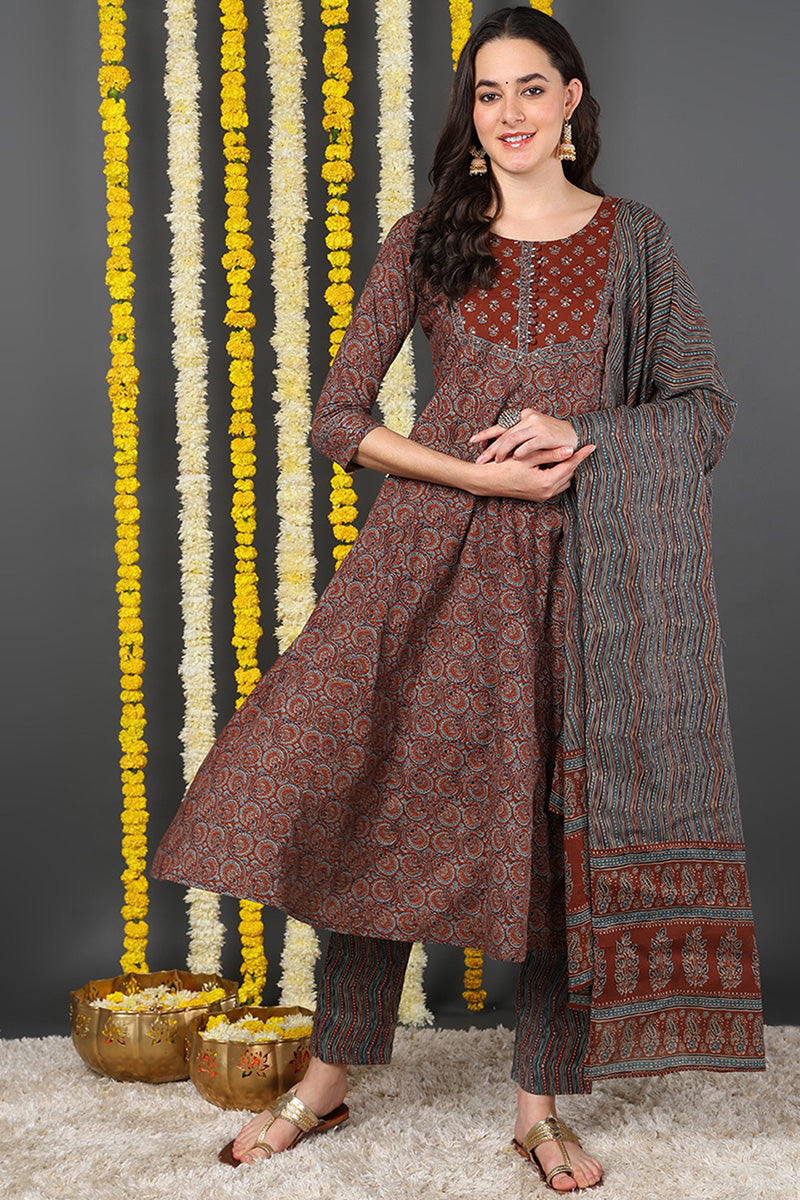 Maroon Cotton Ethnic Motifs Printed A-Line Suit Set VKSKD2132