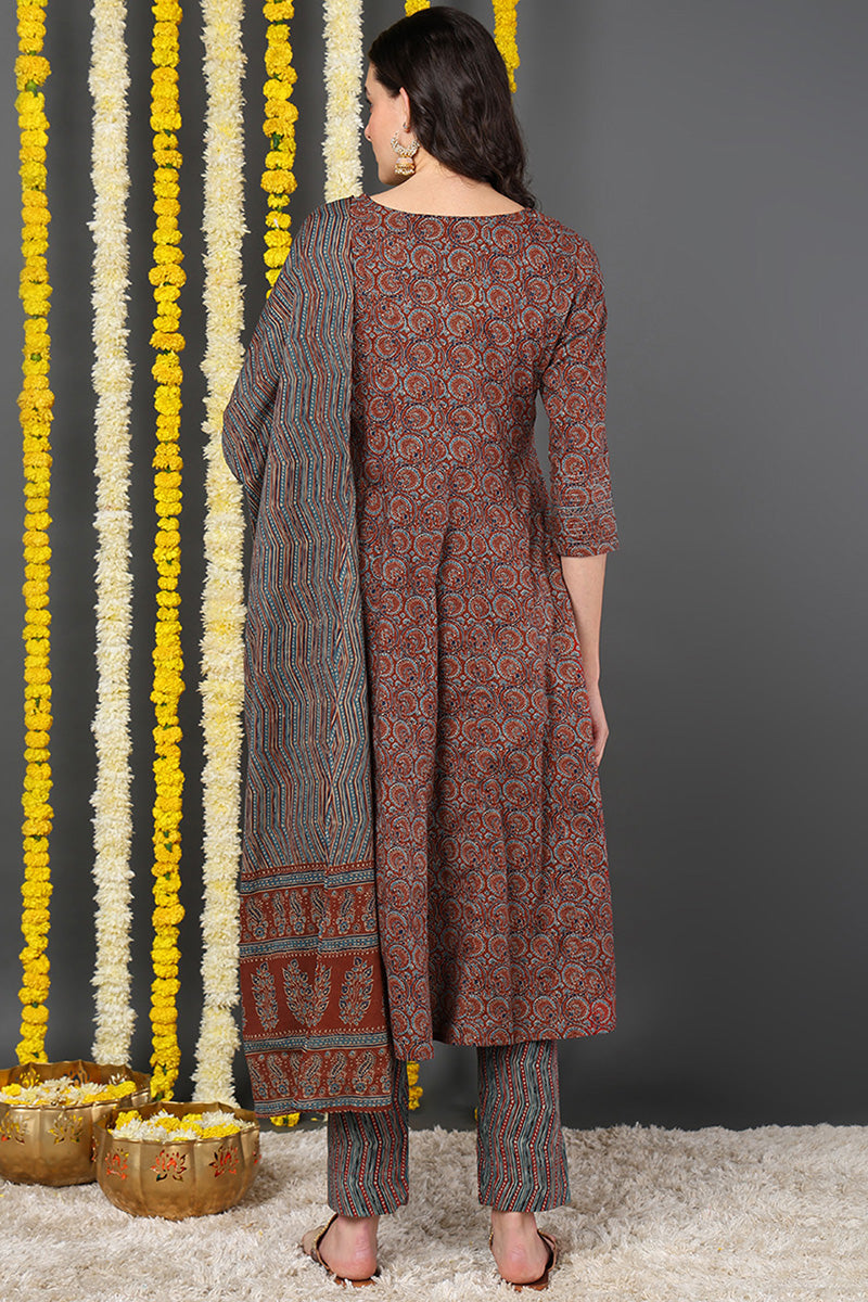 Maroon Cotton Ethnic Motifs Printed A-Line Suit Set VKSKD2132