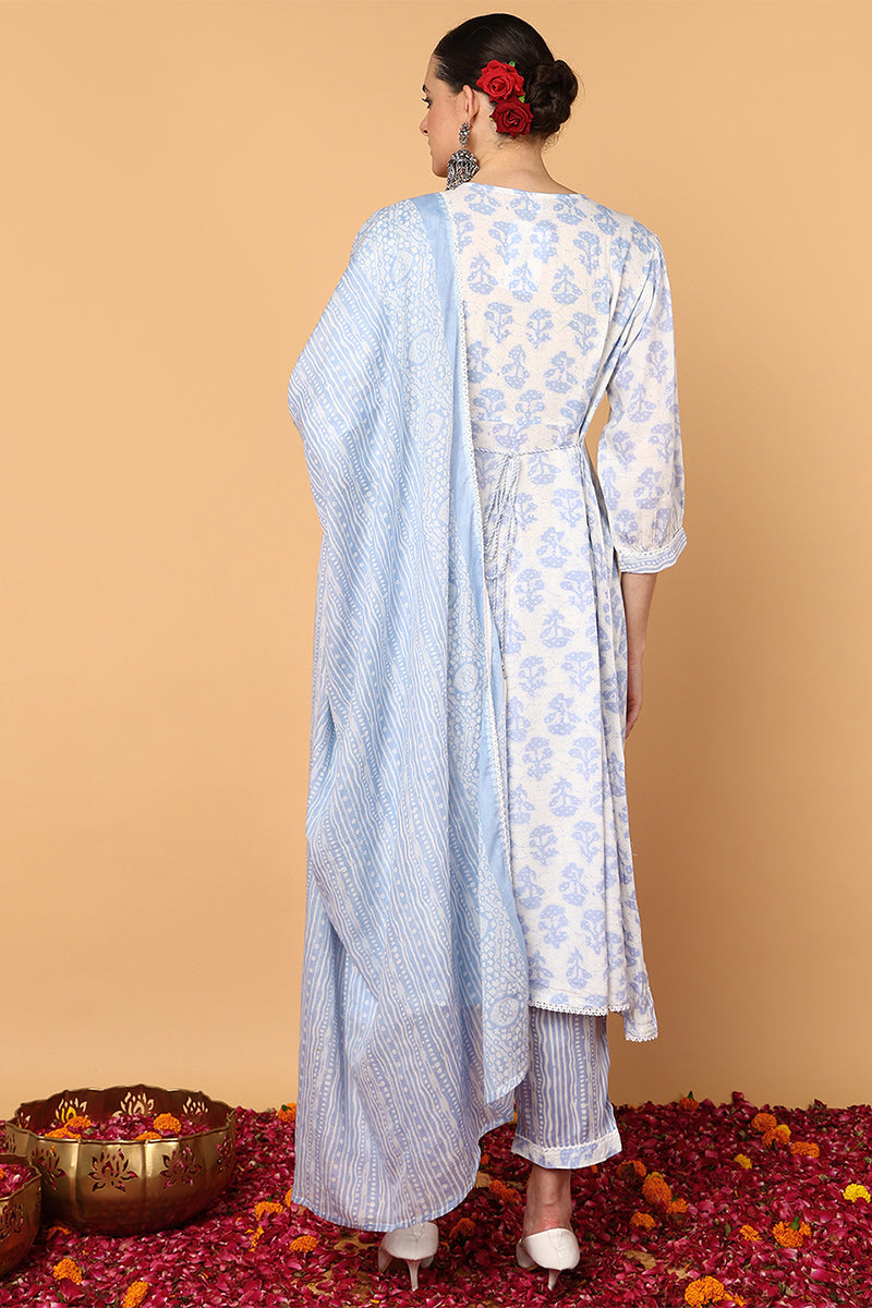 Blue Viscose Rayon Ethnic Motifs Printed Flared Suit Set VKSKD2137