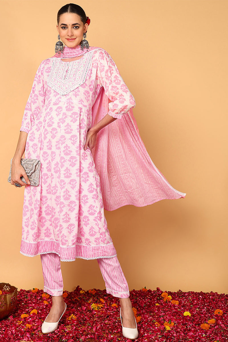 Pink Viscose Rayon Ethnic Motifs Printed Flared Suit Set VKSKD2139