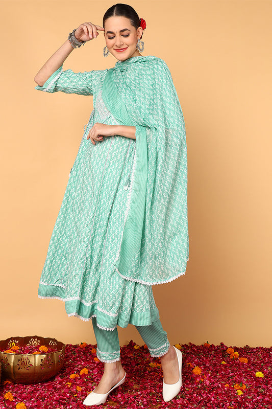 Sea Green Viscose Rayon Ethnic Motifs Printed Flared Suit Set VKSKD2140