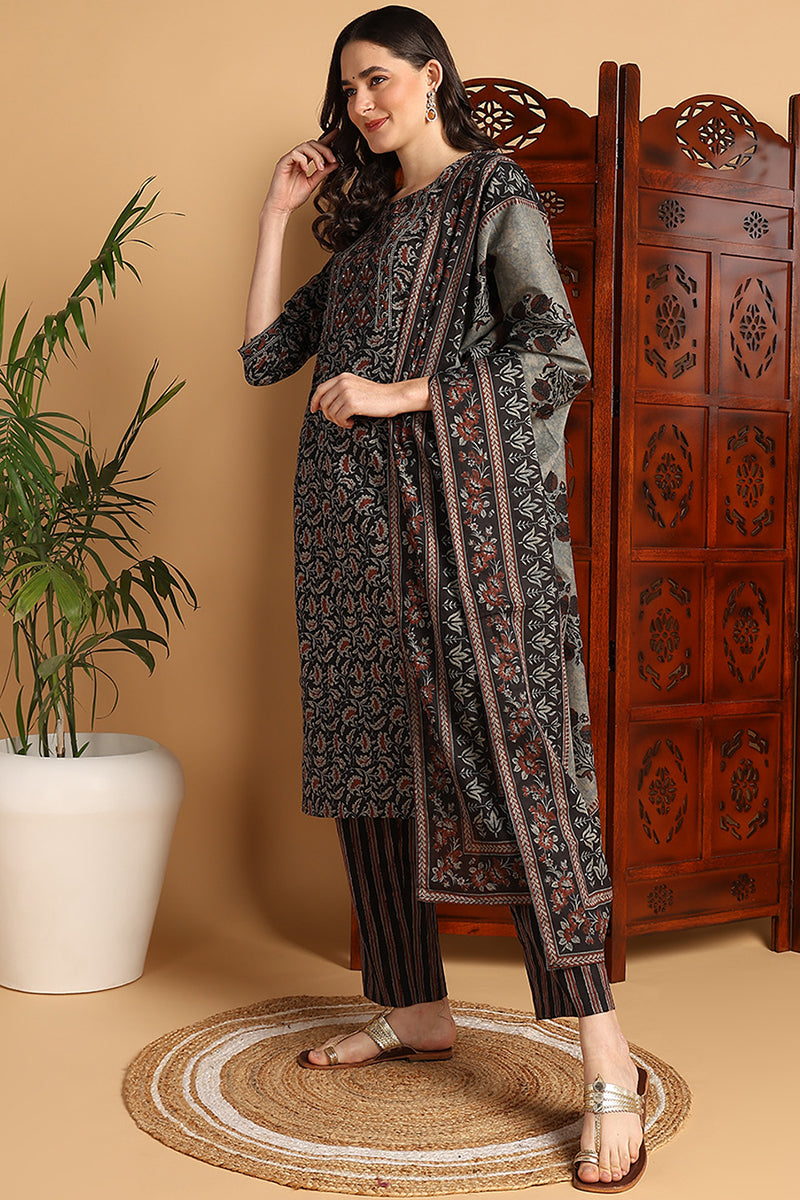 Black Pure Cotton Floral Printed Suit Set VKSKD2145