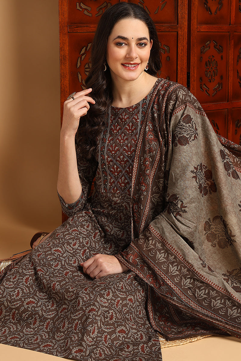 Brown Pure Cotton Floral Printed Suit Set VKSKD2146