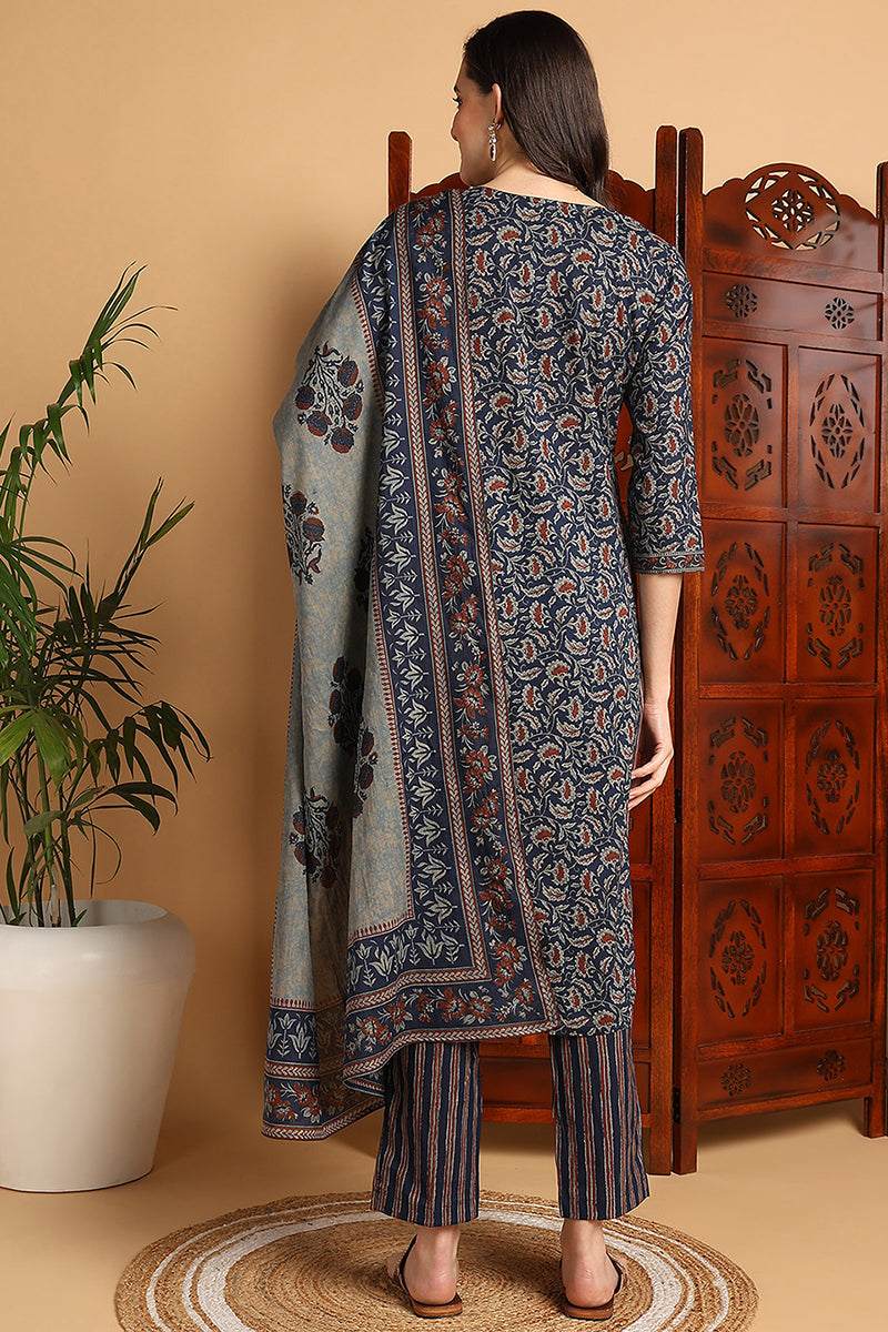 Blue Pure Cotton Floral Printed Suit Set VKSKD2147