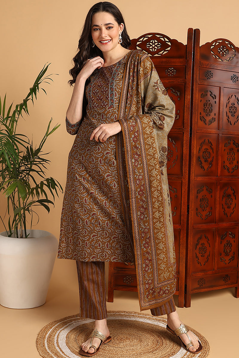 Mustard Pure Cotton Floral Printed Suit Set VKSKD2148