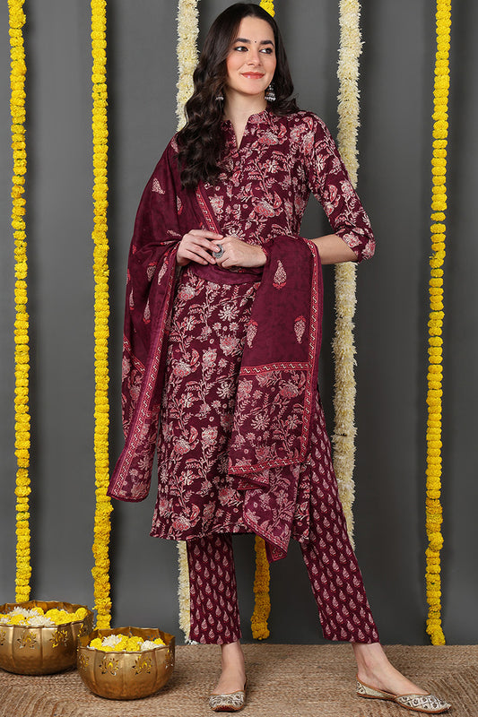 Maroon Rayon Blend Floral Printed Straight Suit Set VKSKD2149