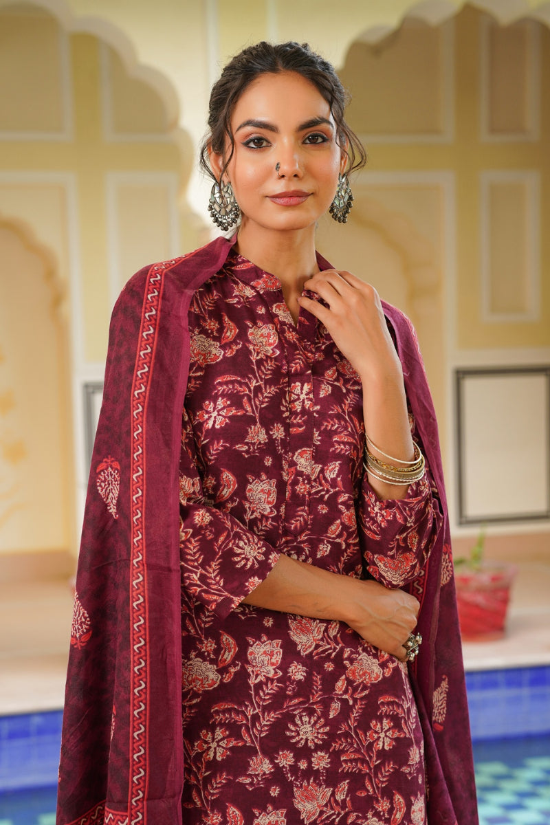 Maroon Rayon Blend Floral Printed Straight Suit Set VKSKD2149