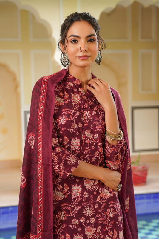 Maroon Rayon Blend Floral Printed Straight Suit Set VKSKD2149