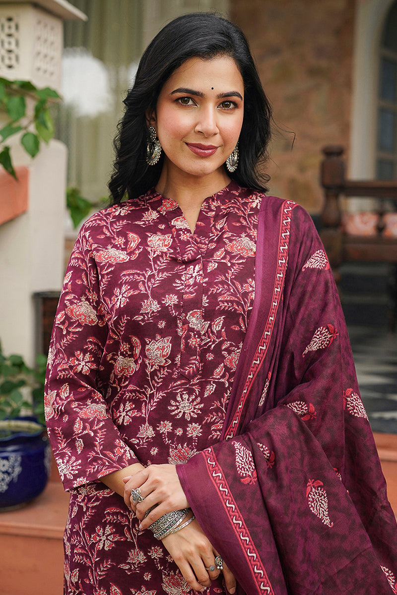Maroon Rayon Blend Floral Printed Straight Suit Set VKSKD2149