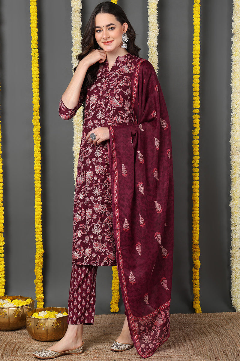 Maroon Rayon Blend Floral Printed Straight Suit Set VKSKD2149