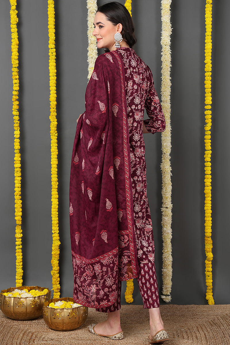 Maroon Rayon Blend Floral Printed Straight Suit Set VKSKD2149