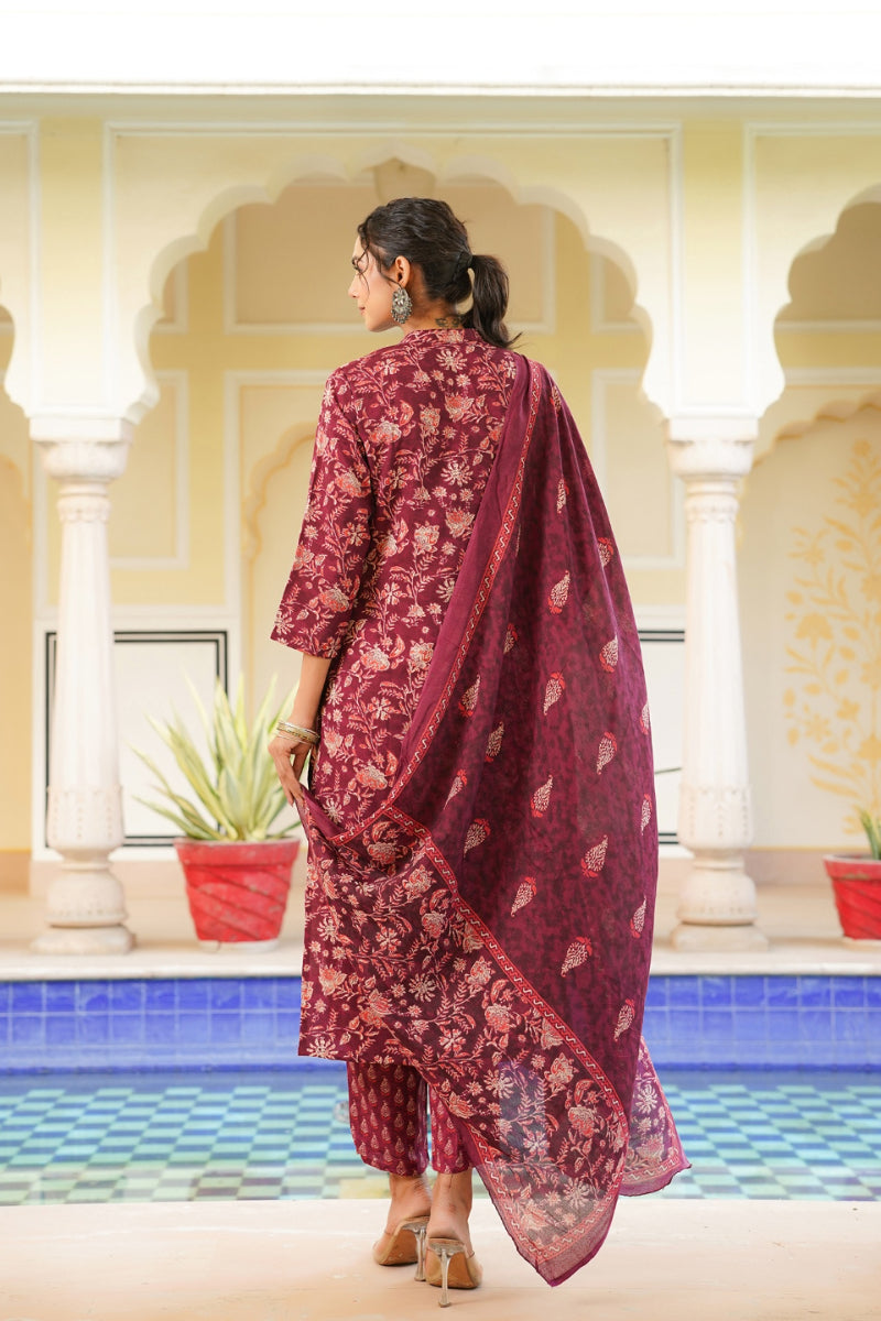 Maroon Rayon Blend Floral Printed Straight Suit Set VKSKD2149