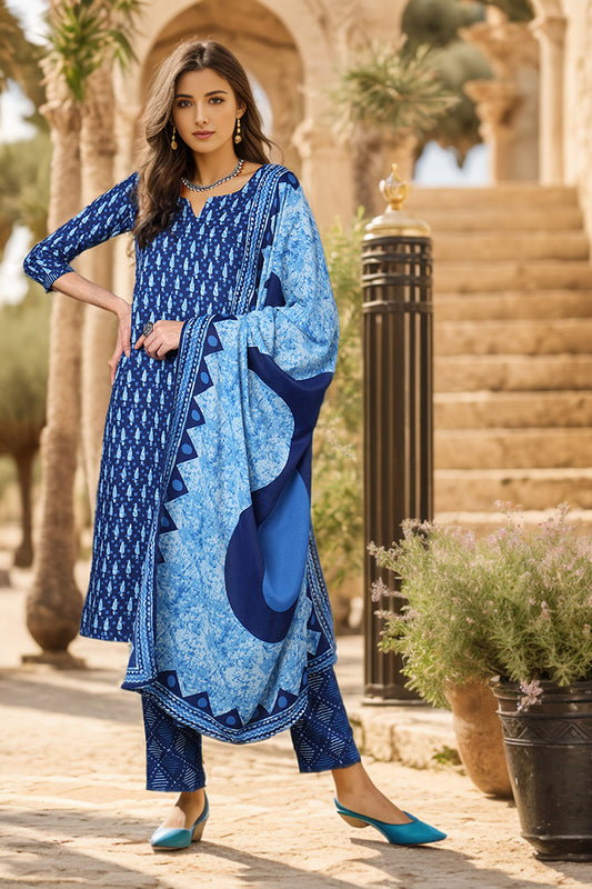 Blue Rayon Blend Ethnic Motifs Printed Straight Suit Set VKSKD2150