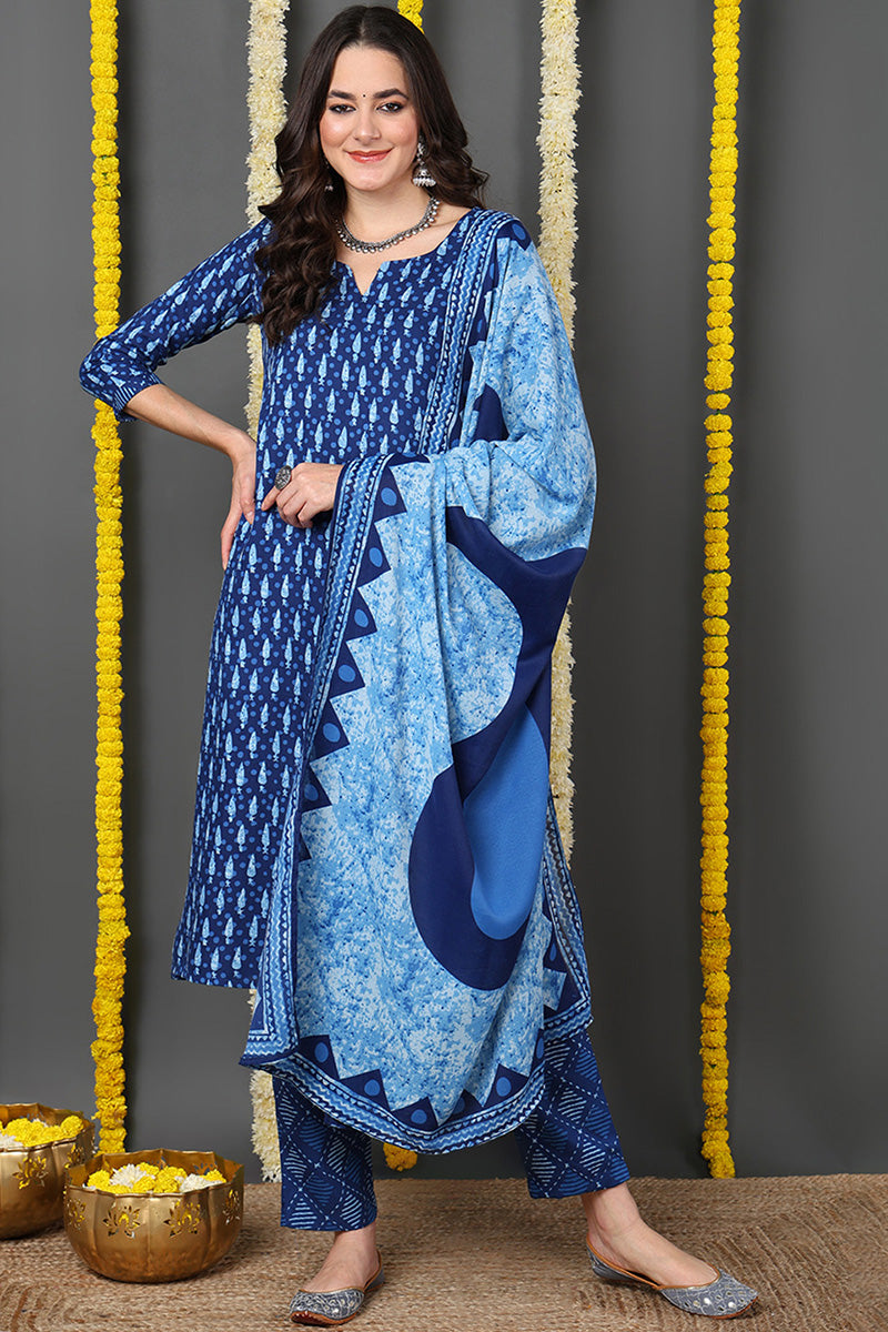 Blue Rayon Blend Ethnic Motifs Printed Straight Suit Set VKSKD2150