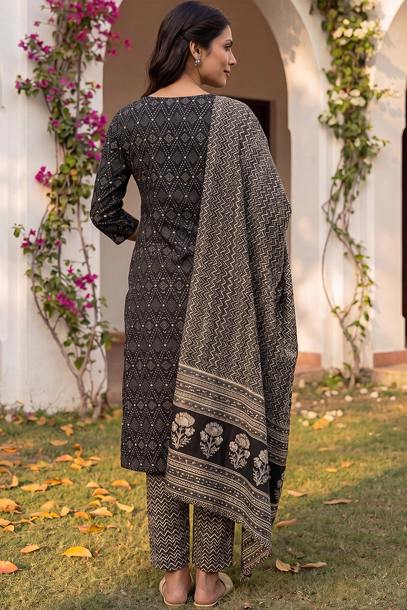 Black Rayon Blend Geometric Printed Straight Suit Set VKSKD2151