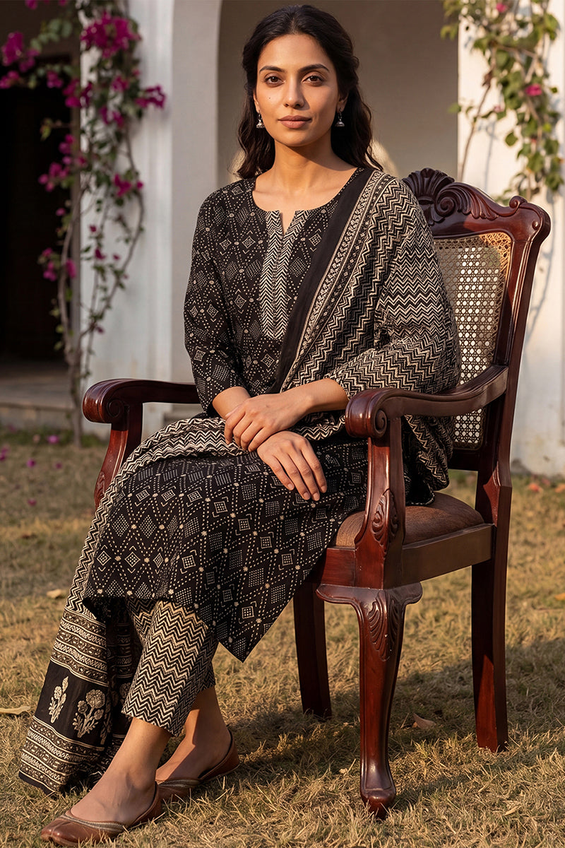 Black Rayon Blend Geometric Printed Straight Suit Set VKSKD2151