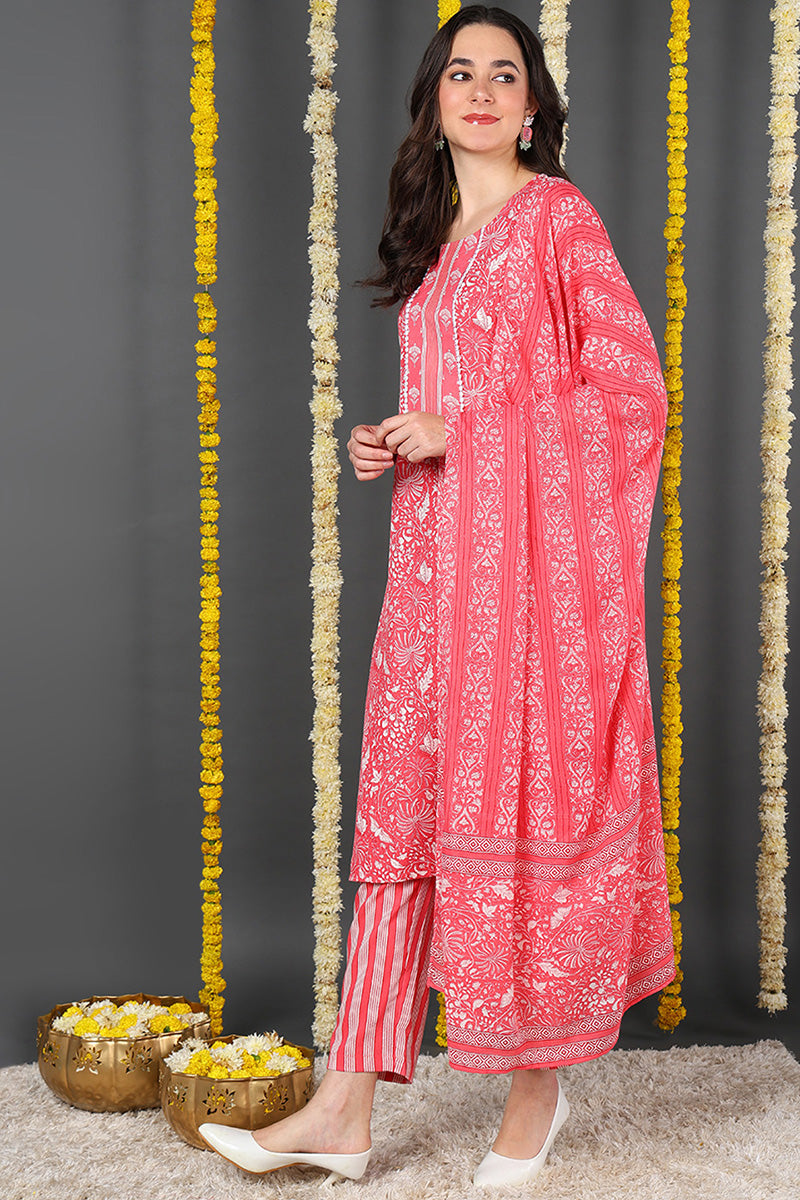 Pink Rayon Blend Floral Printed Straight Suit Set VKSKD2157