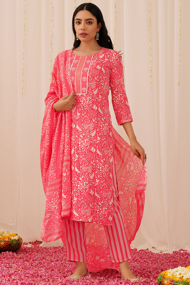 Pink Rayon Blend Floral Printed Straight Suit Set VKSKD2157