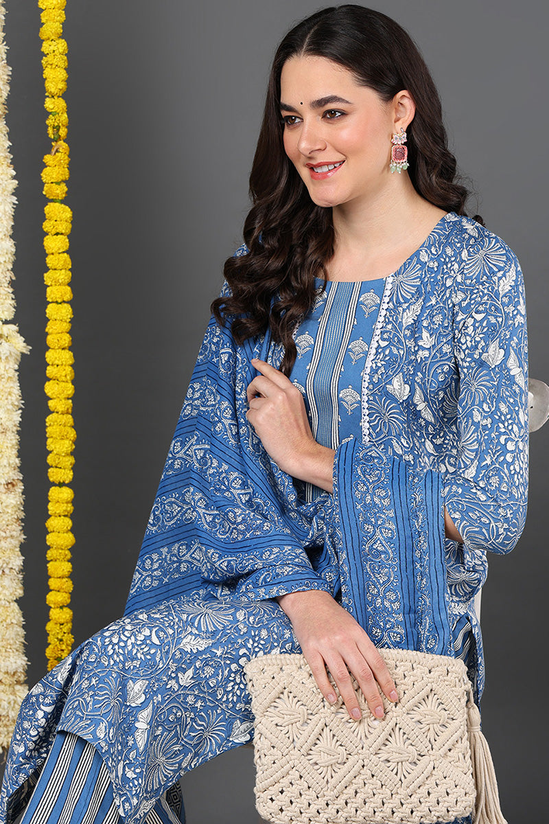 Blue Rayon Blend Floral Printed Straight Suit Set VKSKD2158