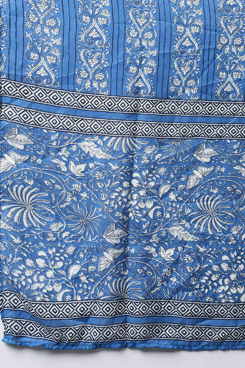 Blue Rayon Blend Floral Printed Straight Suit Set VKSKD2158