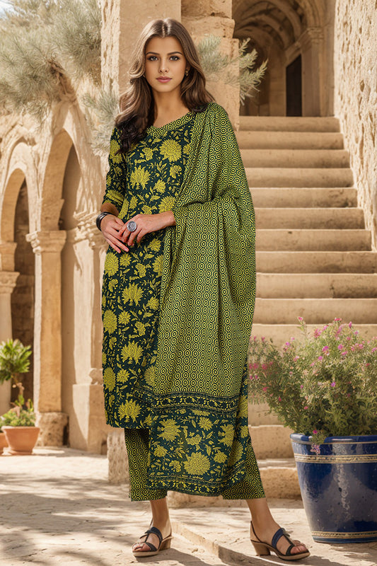 Green Rayon Blend Floral Printed Straight Suit Set VKSKD2161