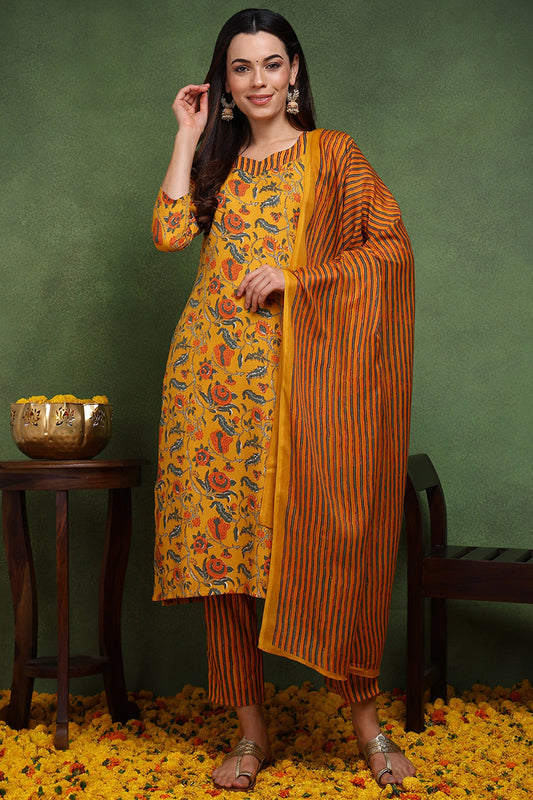 Yellow Rayon Blend Floral Printed Straight Suit Set VKSKD2162