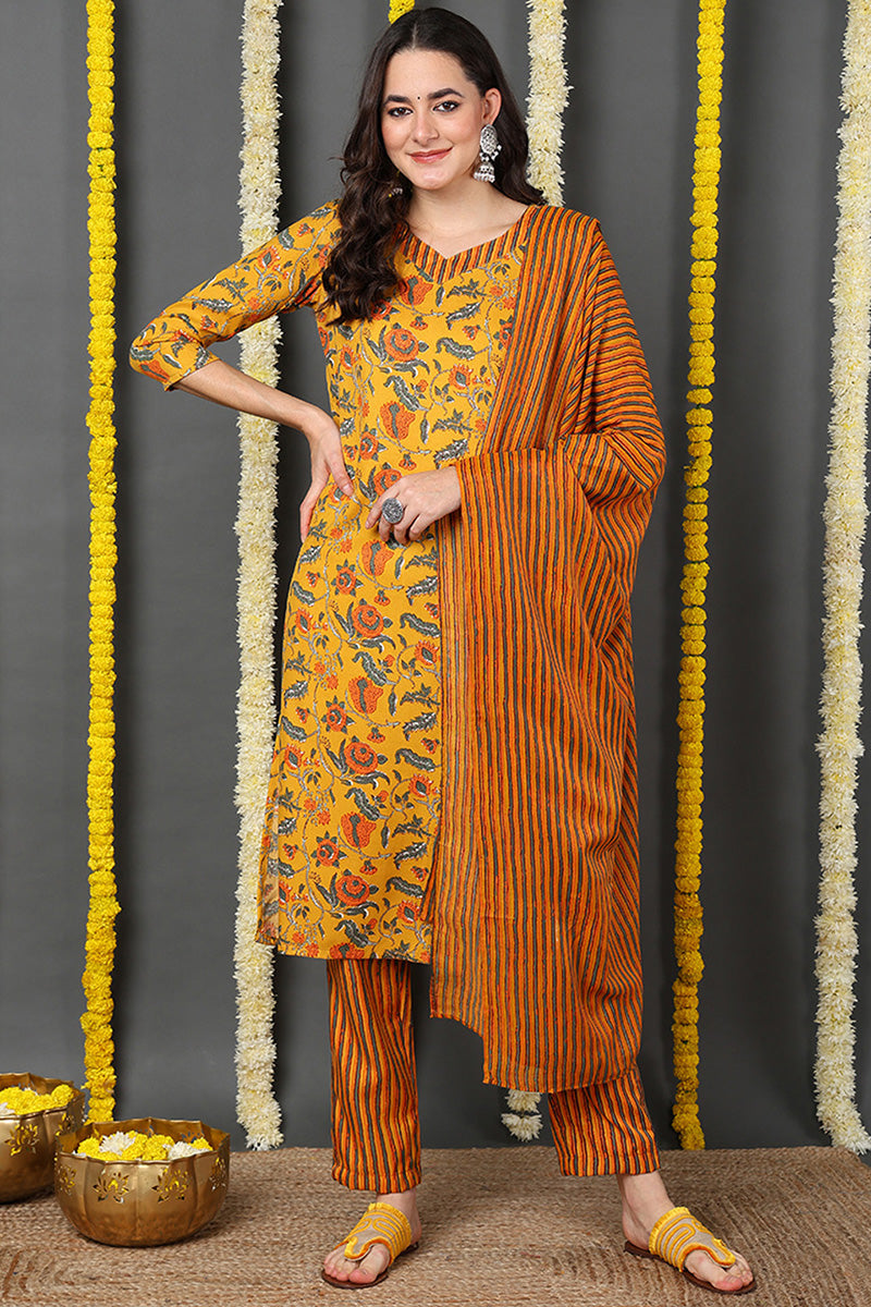 Yellow Rayon Blend Floral Printed Straight Suit Set VKSKD2162