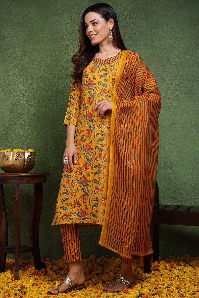 Yellow Rayon Blend Floral Printed Straight Suit Set VKSKD2162