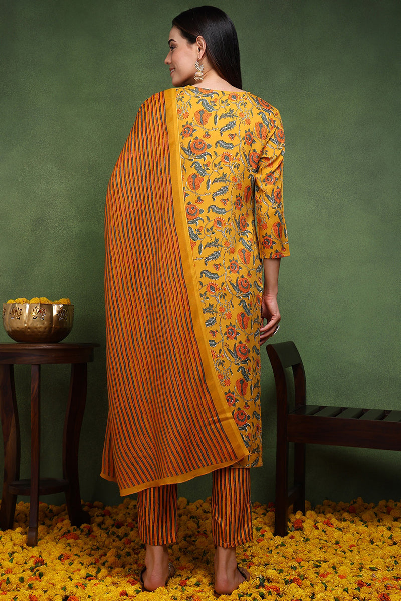 Yellow Rayon Blend Floral Printed Straight Suit Set VKSKD2162